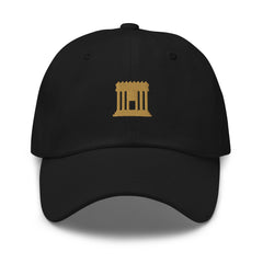 Black cap with a embroidered robot face design on a white background