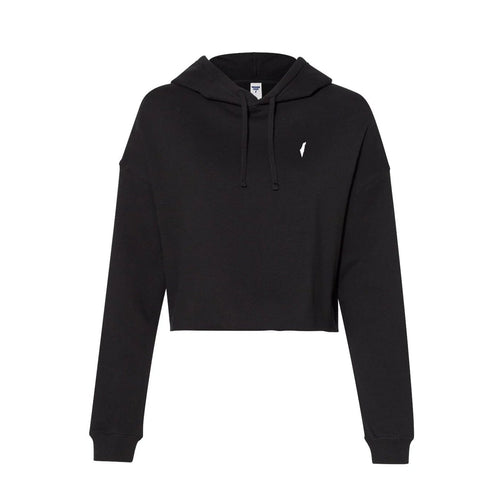 Black cropped hoodie with a small white logo on a white background