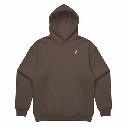 Brown hoodie with a small logo on a white background