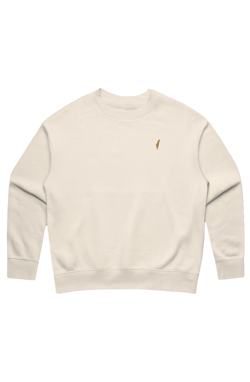 Beige sweatshirt with a small logo on a white background