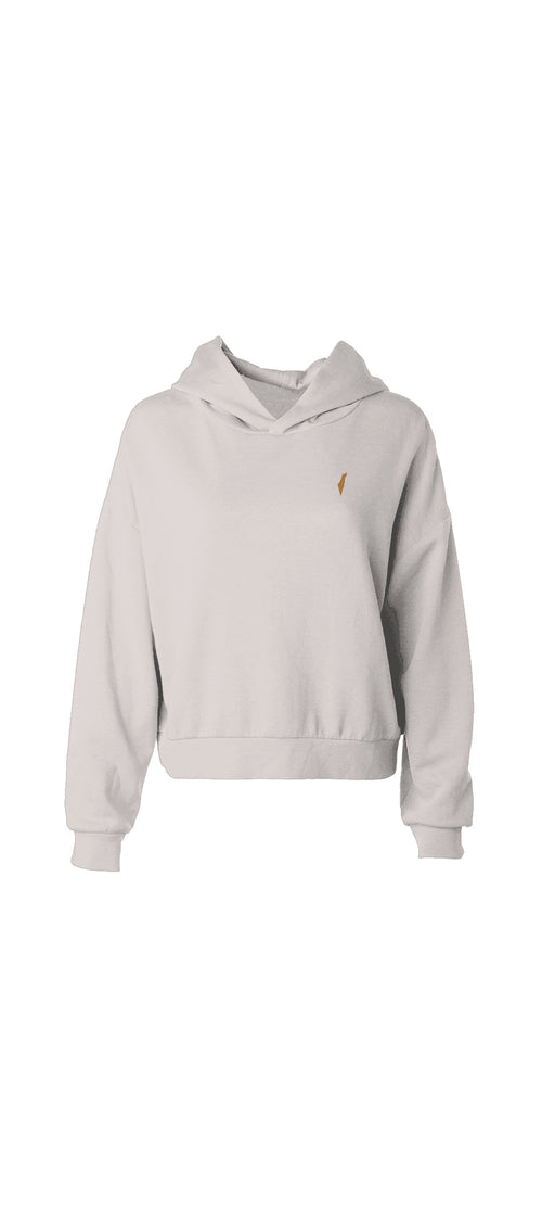 Front view of a cream Cali Hoodie with a gold chest logo, dropped shoulders and ribbed cuffs and hem.