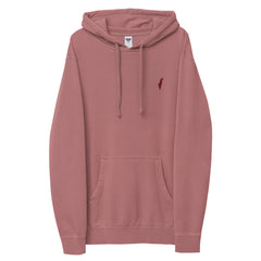 Front view of a muted maroon Premium Hoodie with matching drawstrings, a kangaroo pocket and darker chest logo.