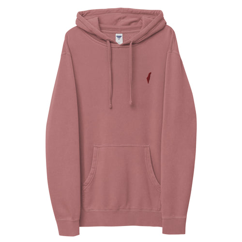 Front view of a muted maroon Premium Hoodie with matching drawstrings, a kangaroo pocket and darker chest logo.