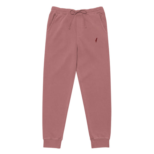 Front view of muted maroon Premium Sweatpants with a drawstring waist, side pockets, darker thigh logo and cuffed ankles.
