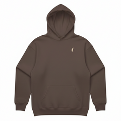 Brown hoodie with a small logo on a white background