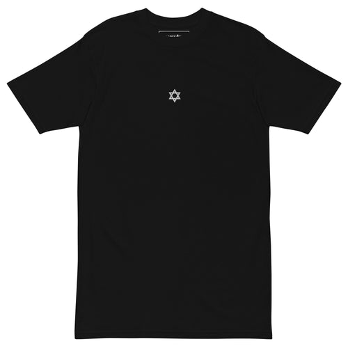 Black t-shirt with a small Magen David logo

