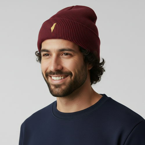 Man wearing a maroon beanie with a logo on a plain background