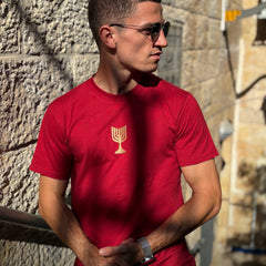 Man wearing a red t-shirt with a gold emblem against a stone wall.
