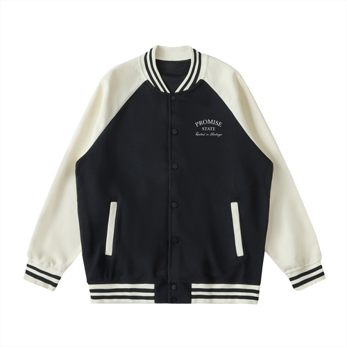 Black and white varsity jacket with 'Promise State' text on a white background

Item Number:RQ0006
Gender:Unisex
Model:Loose
Fabric:Main Fabric: 61.9% cotton, 38.1% polyester; Contrast Fabric: 100% polyester
Fabric Weight:11.2 oz/yd² (380 g/m²)
Fabric Thickness:Moderate
Care Instructions:Machine wash at 30°C (gentle cycle); Do not bleach; Tumble dry low; Iron at low temperature, avoid ironing on print; Do not dry clean
Features:Basics, Casual, Preppy, Sporty, Street, Daily Casual, Outdoor, Running, School, 