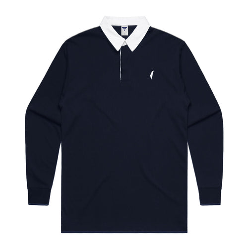 Black long-sleeve polo shirt with white collar on a white background