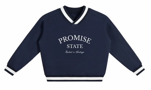 Navy blue sweatshirt with 'Promise State' text on a white background