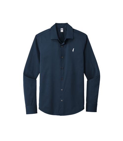 A dark navy blue long-sleeve button-down shirt with a pointed collar and a small white embroidered logo on the left chest, displayed on a clean white background.