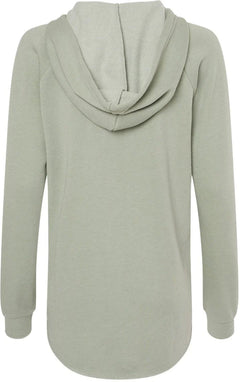 Back view of a sage green Cali Zipper hoodie showing the hood, long sleeves and rounded hem.