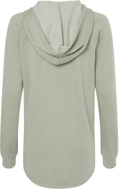 Back view of a sage green Cali Zipper hoodie showing the hood, long sleeves and rounded hem.