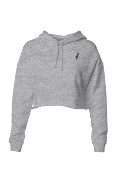Front view of a grey Classic Crop Sweatshirt Hoodie with drawstrings, long sleeves and a dark Promise State chest logo.