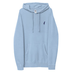 Front view of a light blue Premium Hoodie with matching drawstrings, a kangaroo pocket and dark Promise State chest logo.