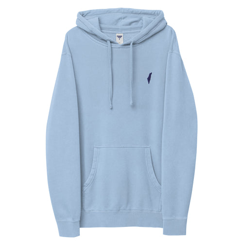 Front view of a light blue Premium Hoodie with matching drawstrings, a kangaroo pocket and dark Promise State chest logo.