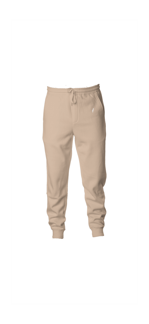 Front view of beige Premium Sandstone Sweatpants with a drawstring waist, cuffed ankles and a small light thigh logo.