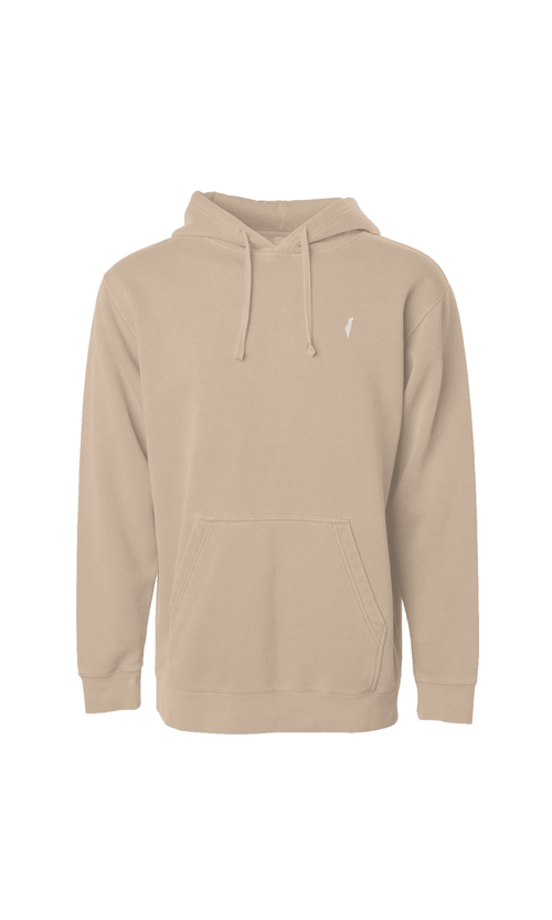 Front view of a beige Sandstone Hoodie with matching drawstrings, a kangaroo pocket and a small light chest logo.